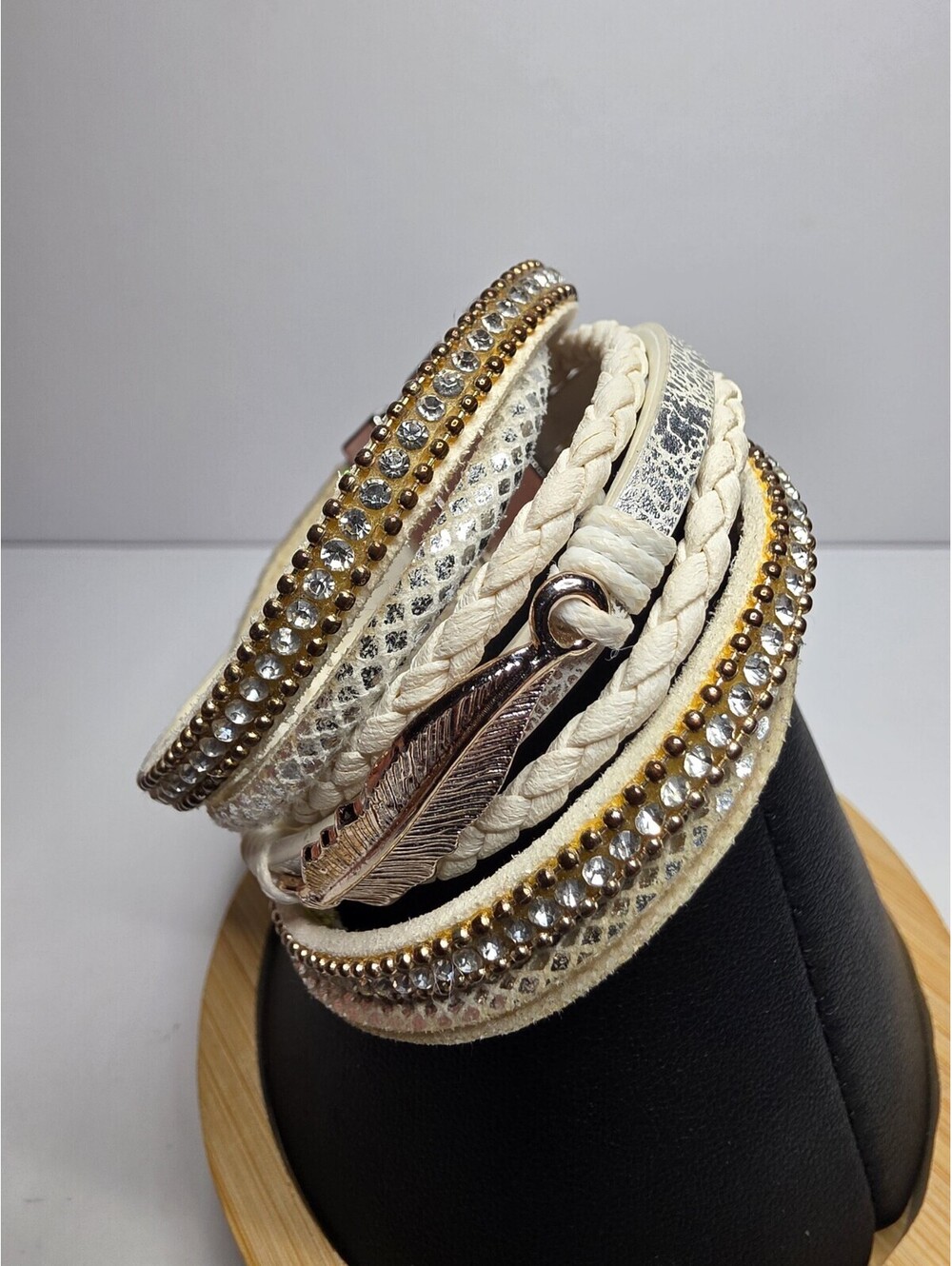 Blazin Roxx Boho Leather Wrap Bracelet Silver Feather Rhinestone Multi Strand
